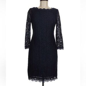 Adriana Papell Navy Lace Dress with Three-Quarter Sleeves